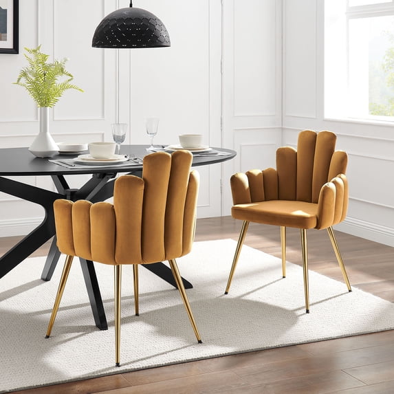 Modway Viceroy Performance Velvet Dining Chair Set of 2 in Gold Cognac