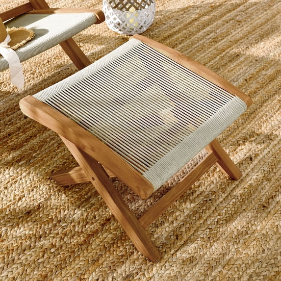 Modway Vienna Outdoor Patio Teak and Rope Folding Ottoman in Natural Natural