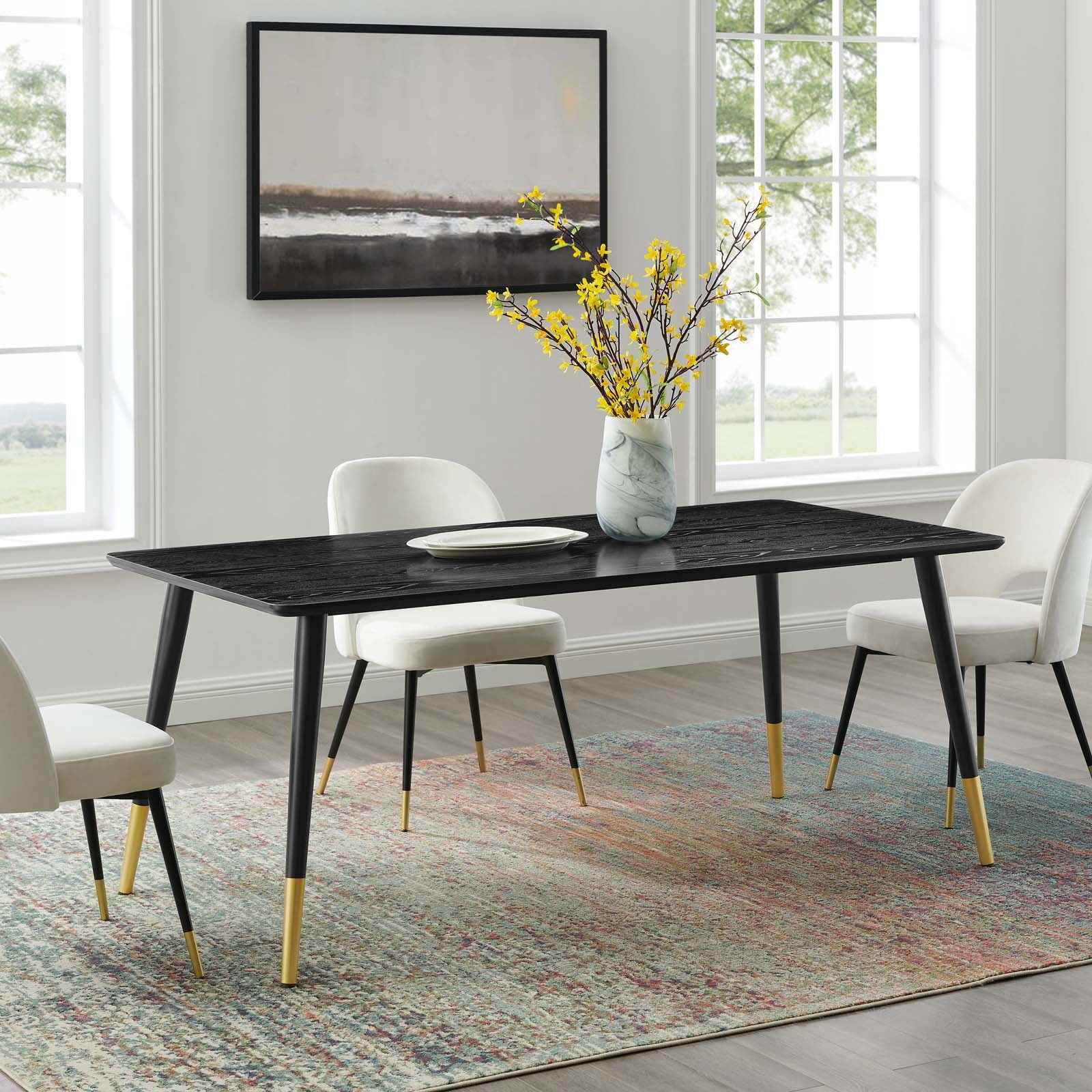 Mid-Century Modern 71'' Matte Black and Gold Dining Table