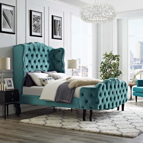 Modway Violette Queen Tufted Wingback Performance Velvet Platform Bed - Sea Blue