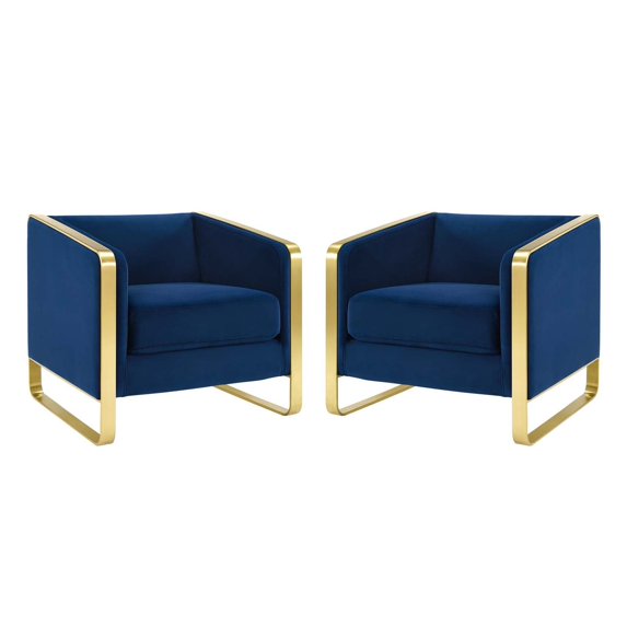 Modway Visualize Performance Velvet Upholstered Arm Chair in Navy (Set of 2)