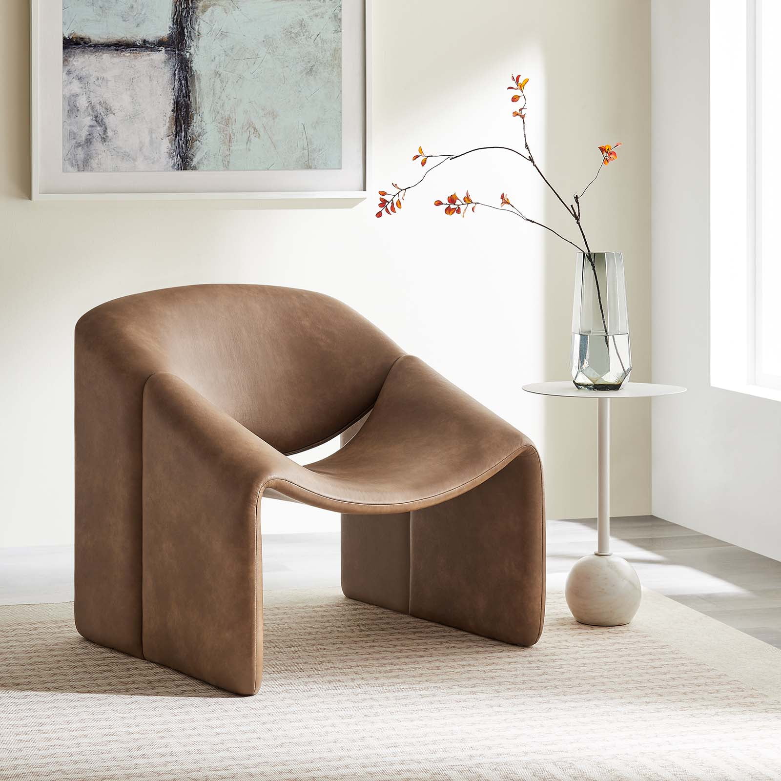 Vivi Brown Faux Leather Barrel Accent Chair with Metal Frame