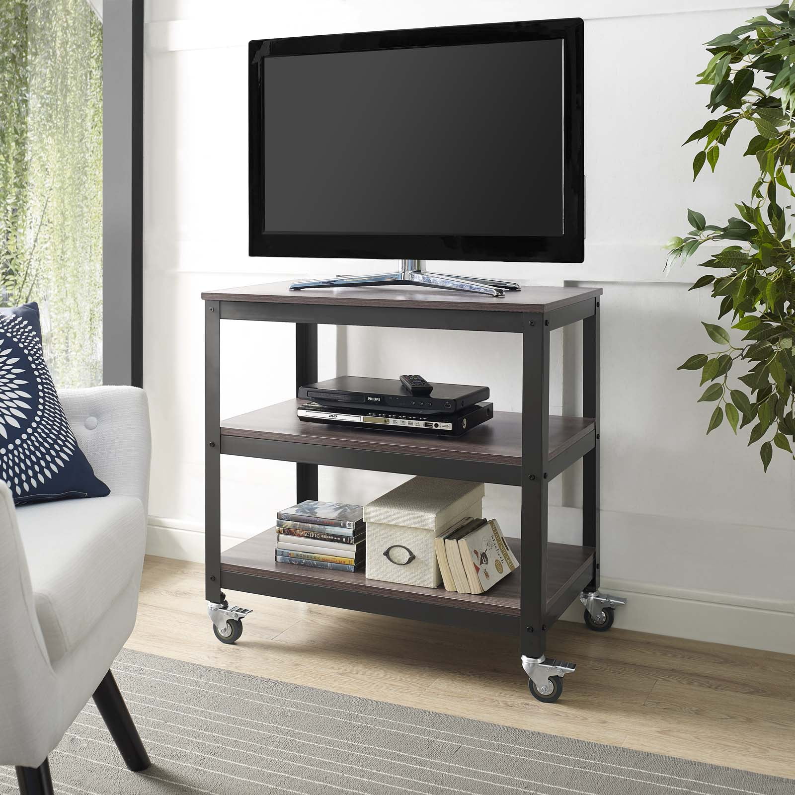 Modway Vivify 30" Tiered Wood & Metal Serving Stand TV Cart in Gray