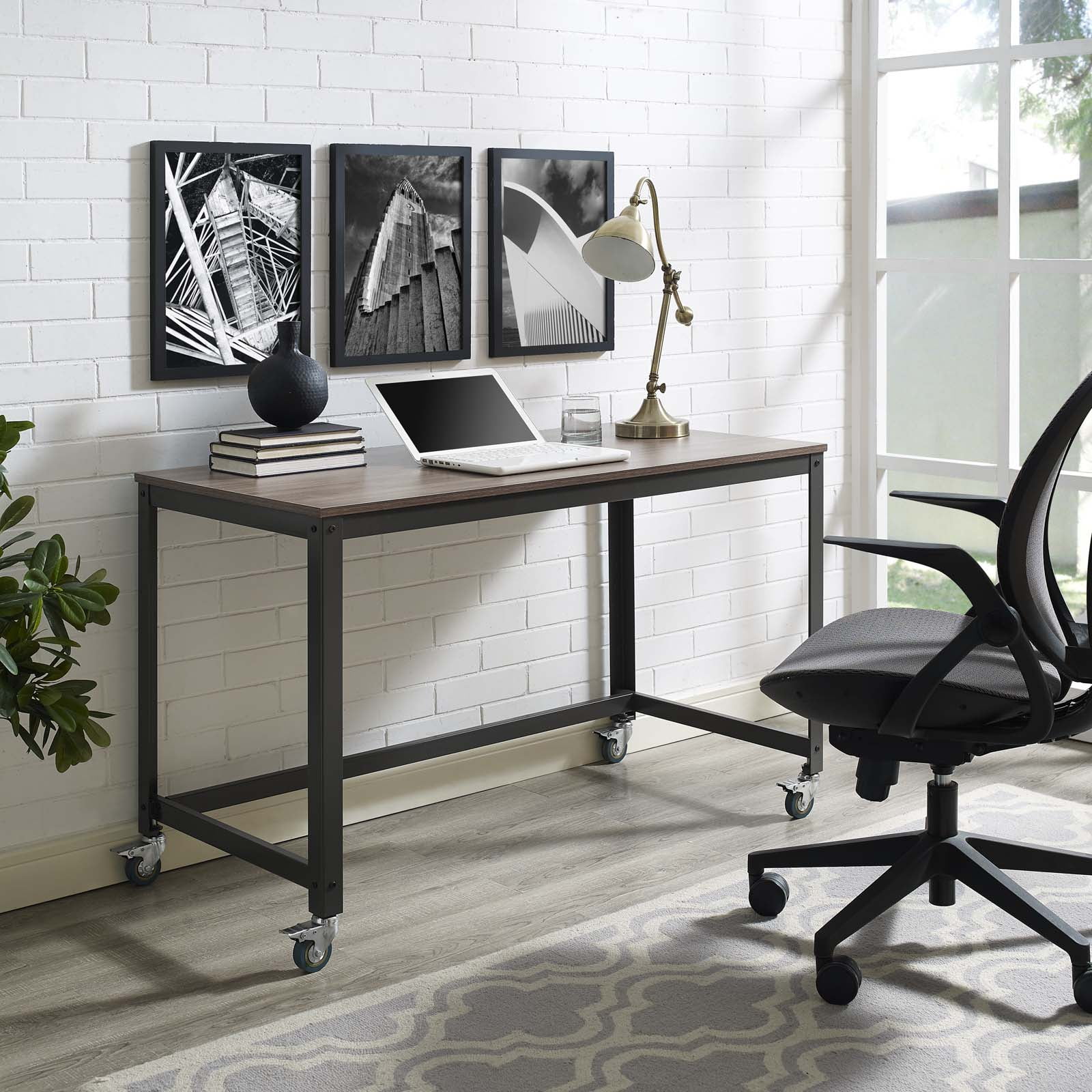 Gray Wood Office Desk with Drawer and Filing Cabinet