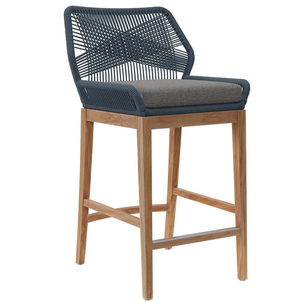 Graphite Blue Teak Wood Outdoor Bar Stool with Cushions