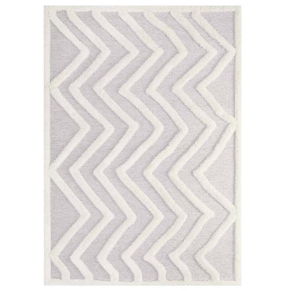 Modway Pathway Abstract Chevron 5x8 Shag Area Rug in Ivory and Light Gray