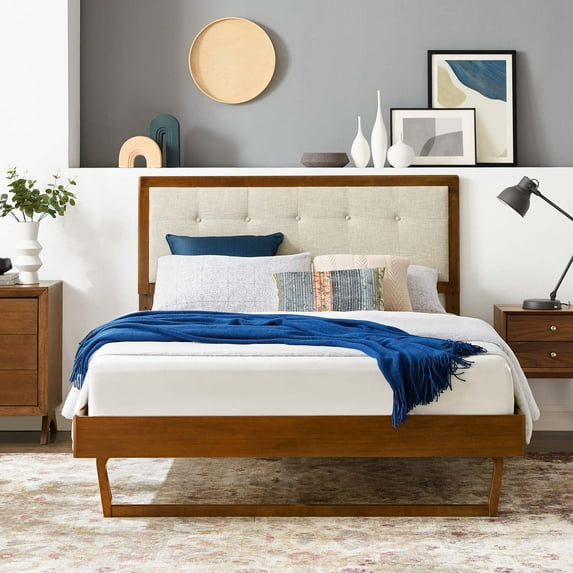 Modway Willow Twin Wood Platform Bed With Angular Frame, Walnut/Beige