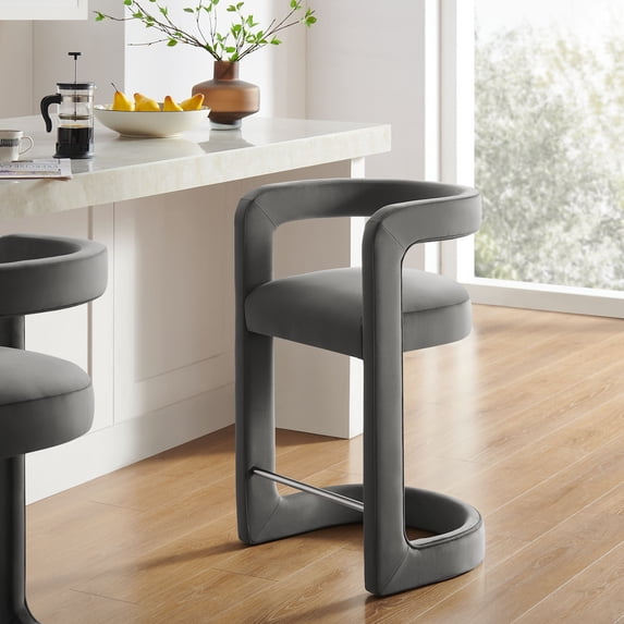 Modway Winslow 27"H Performance Velvet Barrel Back Counter Stool in Storm Gray