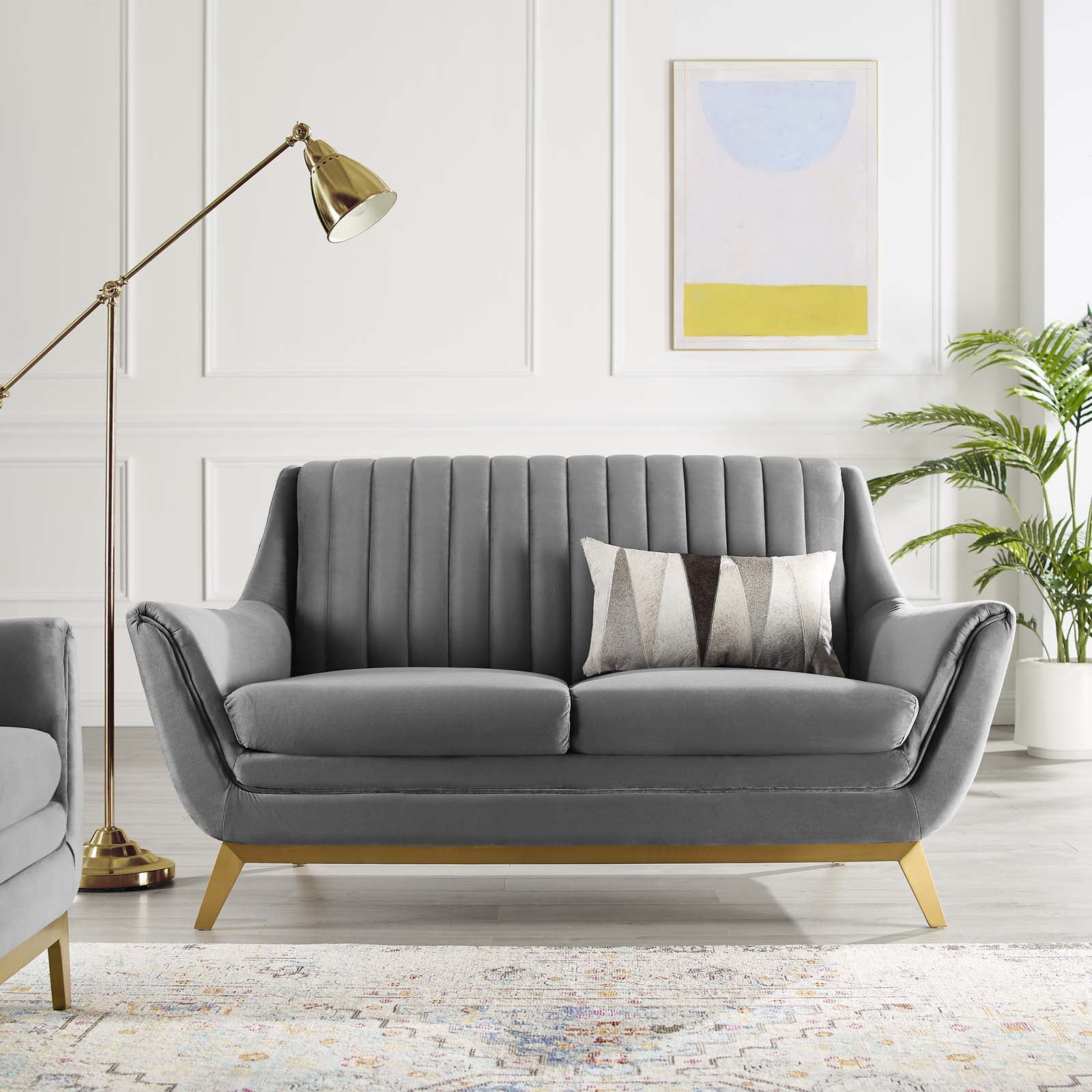 Gray Velvet Tufted Loveseat with Gold Stainless Steel Legs