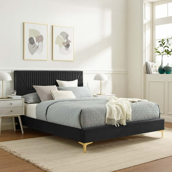 Modway Yasmine Channel Tufted Performance Velvet King Platform Bed in Charcoal