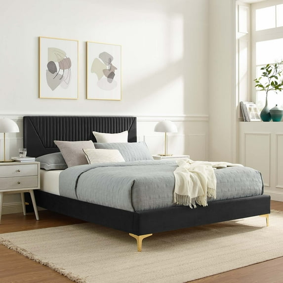 Modway Yasmine Channel Tufted Performance Velvet Queen Platform Bed in Charcoal