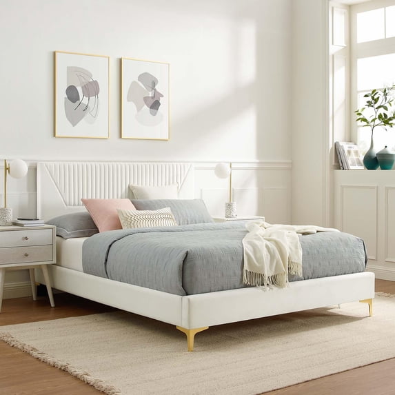 Modway Yasmine Channel Tufted Velvet Full Platform Bed in White Finish