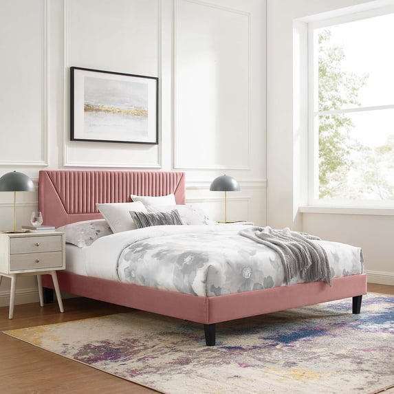Modway Yasmine Channel Tufted Velvet King Platform Bed in Dusty Rose