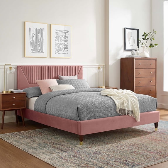 Modway Yasmine Channel Tufted Performance Velvet King Platform Bed in Navy