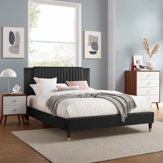 Modway Zahra Channel Tufted Performance Velvet Full Platform Bed in Charcoal