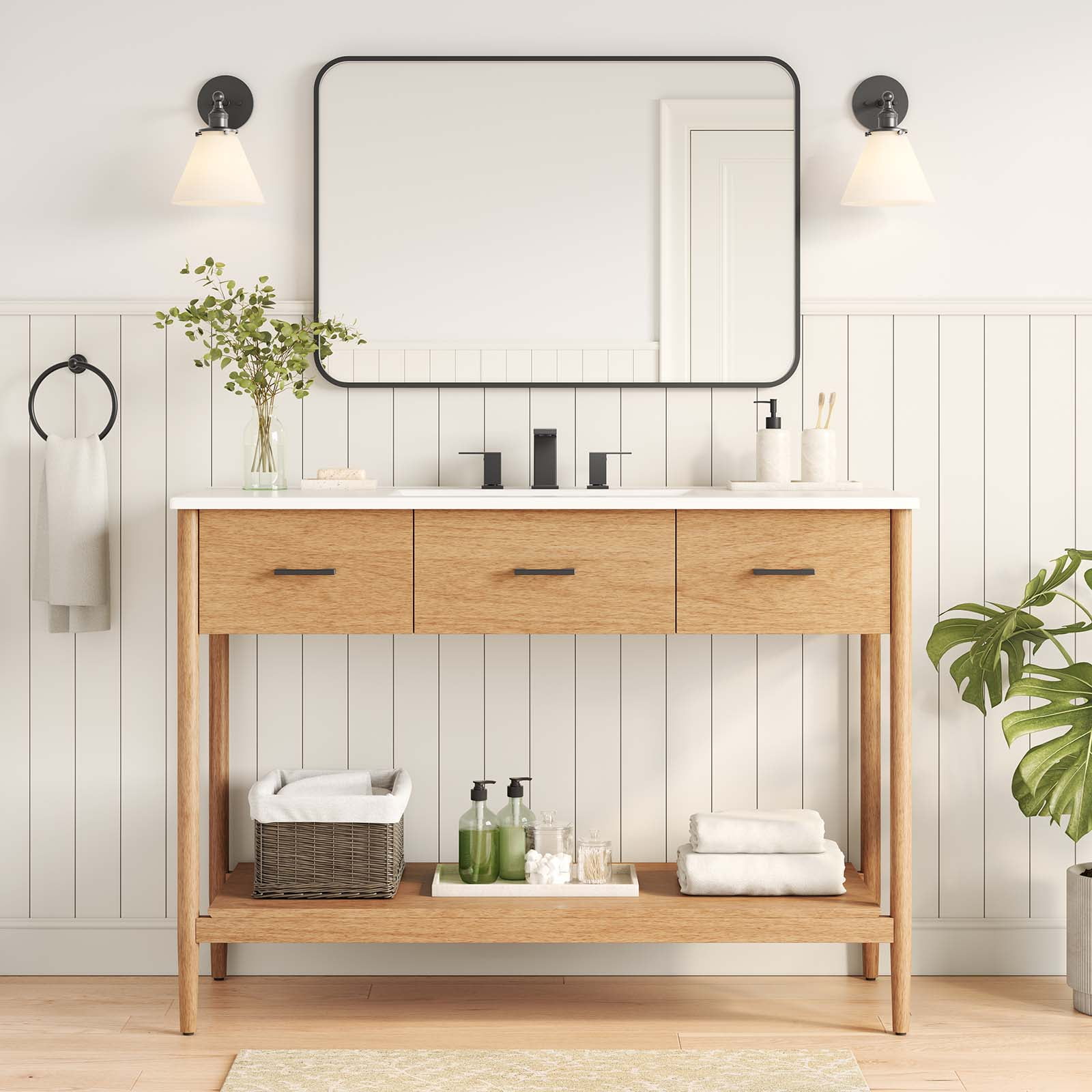 Natural Wood Mid-Century Single Bathroom Vanity Cabinet