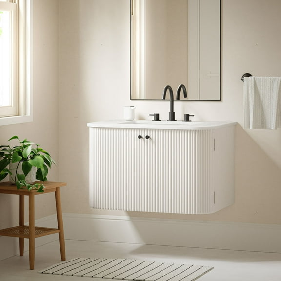 Modway Zia 30" Wall-Mount Bathroom Vanity with Marble Sink in Ivory