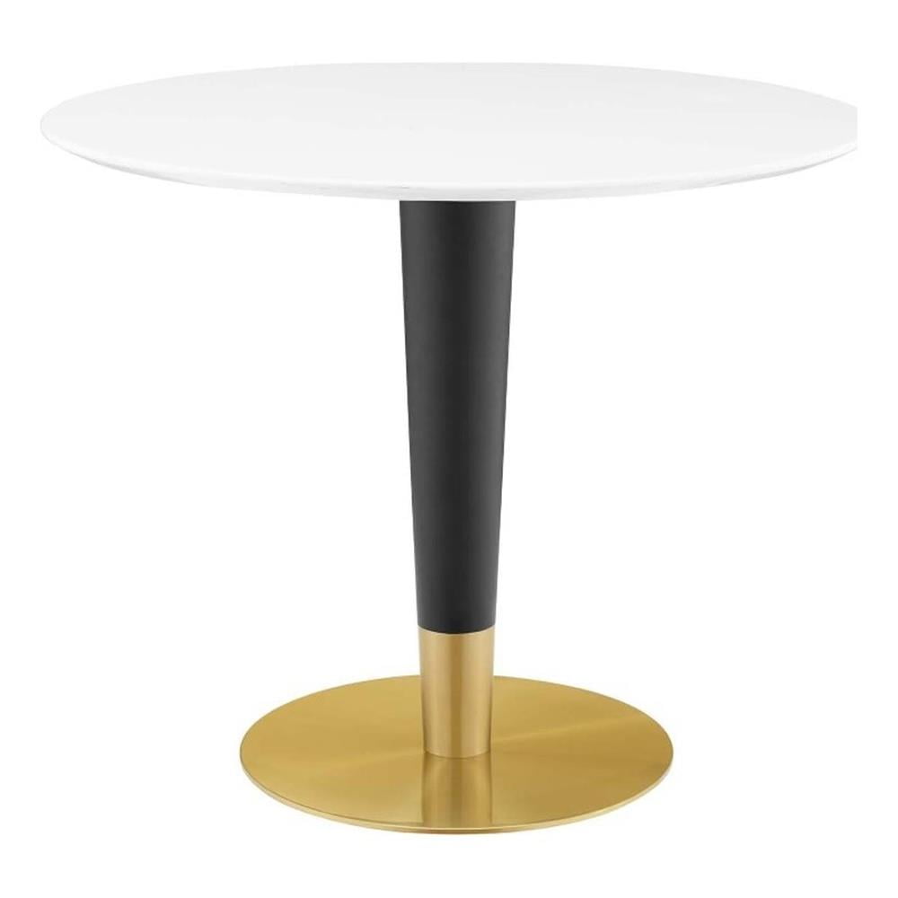 Modway Zinque 35.5" Round Modern Wood/Stainless Steel Dining Table in White/Gold