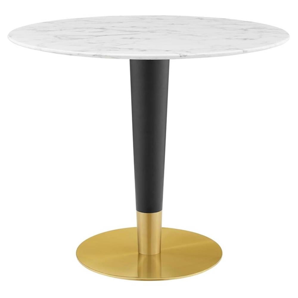 Modway Zinque 35.5" Round Wood & Artificial Marble Dining Table in White/Gold