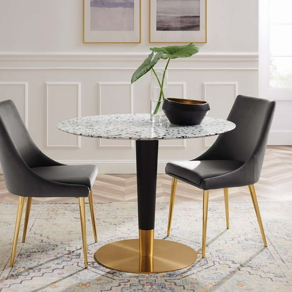 Modway Zinque 40" Round Terrazzo Dining Table in Gold White