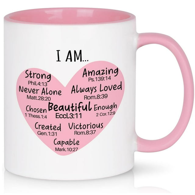 Modwnfy I Am Mug with Bible Verse Ceramic Coffee Mug, Religious Gifts, 11 fl oz White
