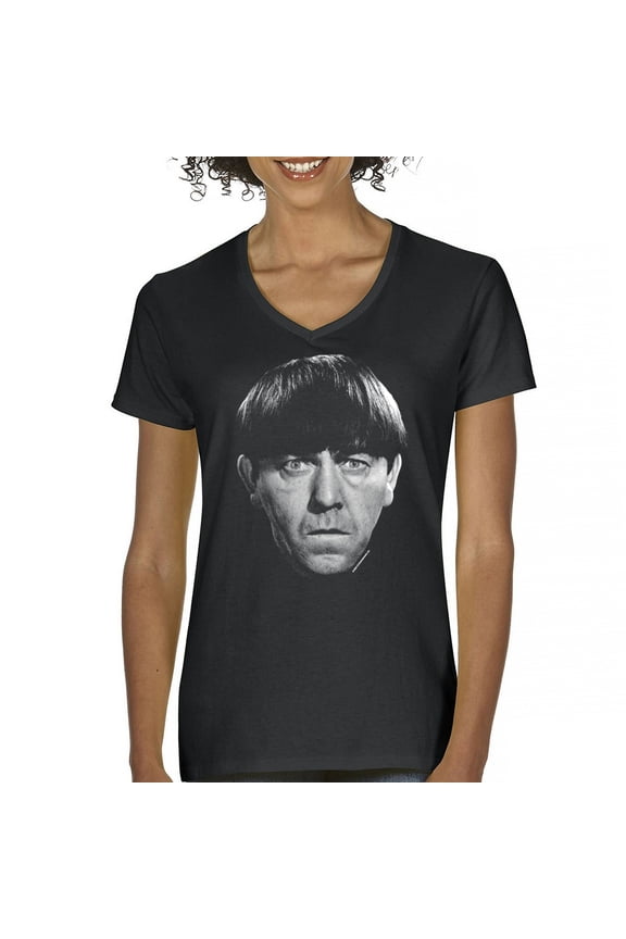 Moe The Three Stooges Women's V-Neck T-shirt Wise Guys Curly Larry Shemp Classic Retro American TV Slapstick 3 Legends Tee