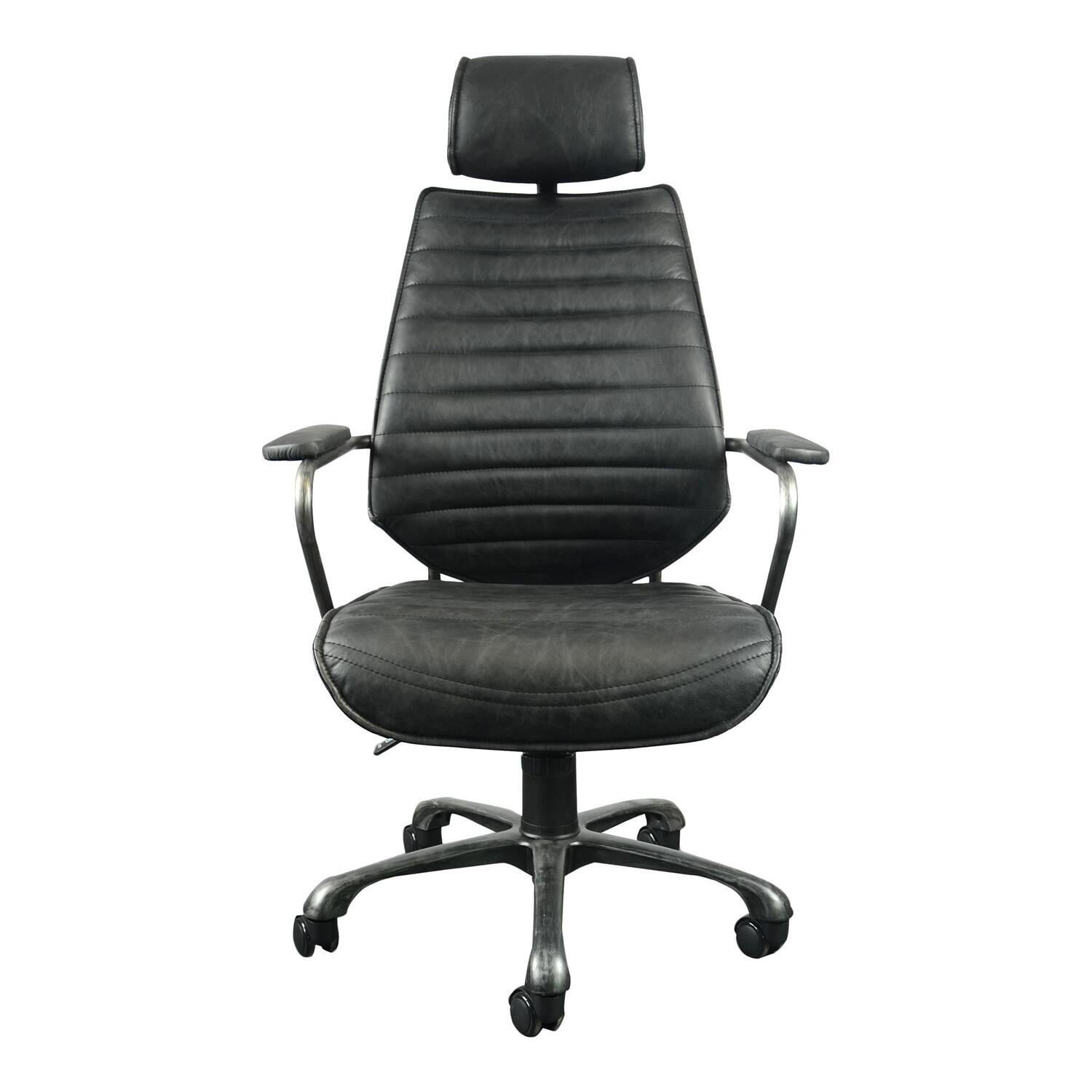 Transitional Onyx Black Leather Swivel Desk Chair with Metal Base
