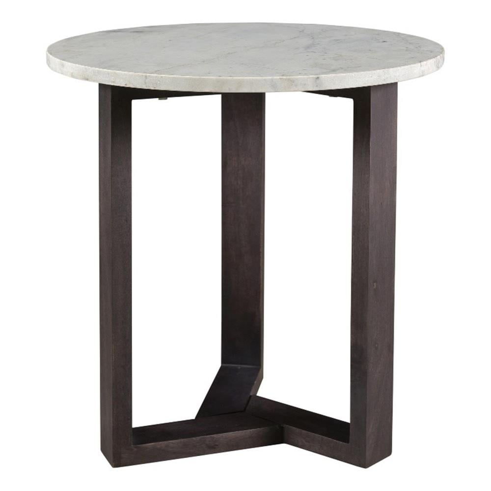 Charcoal Gray Marble Top Round Side Table with Acacia Base
