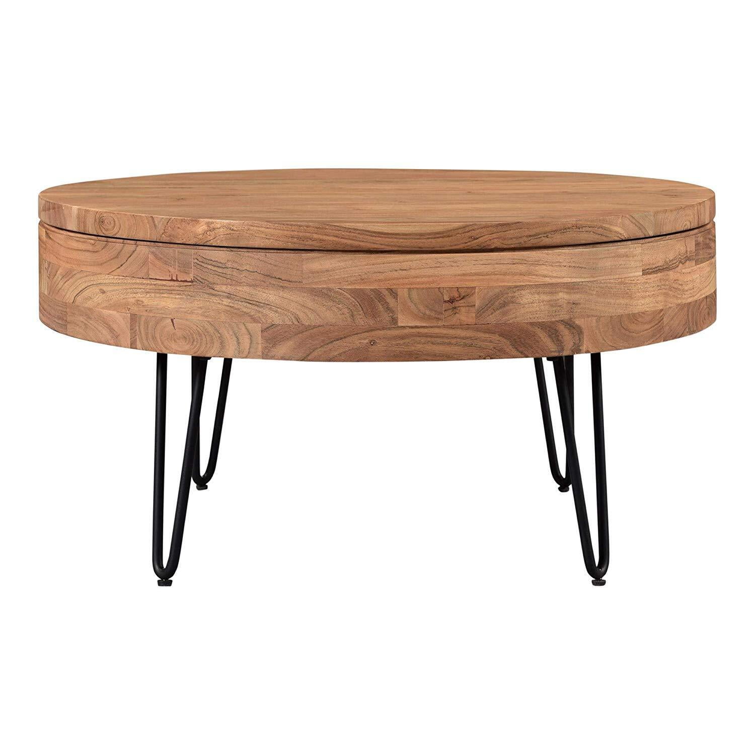 Natural Acacia Wood Round Coffee Table with Metal Hairpin Legs and Storage