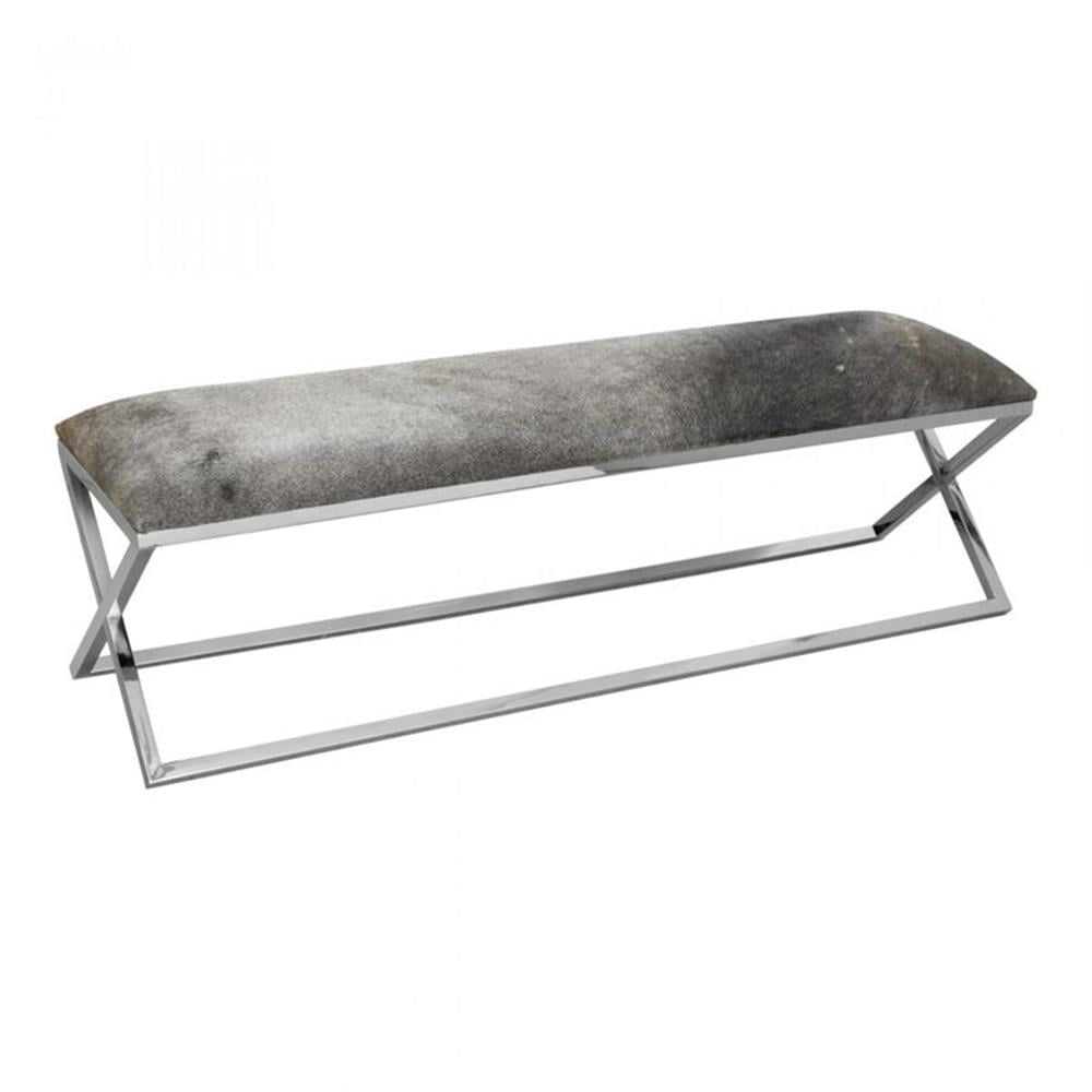 Grey Upholstered Bench with Stainless Steel Frame and Storage