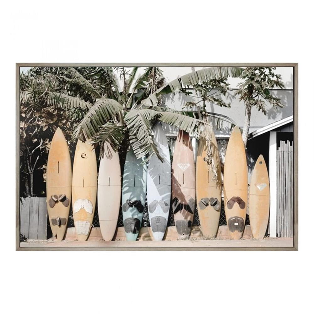 Surfs Up Coastal Multicolor Canvas Wall Art with Gray Frame
