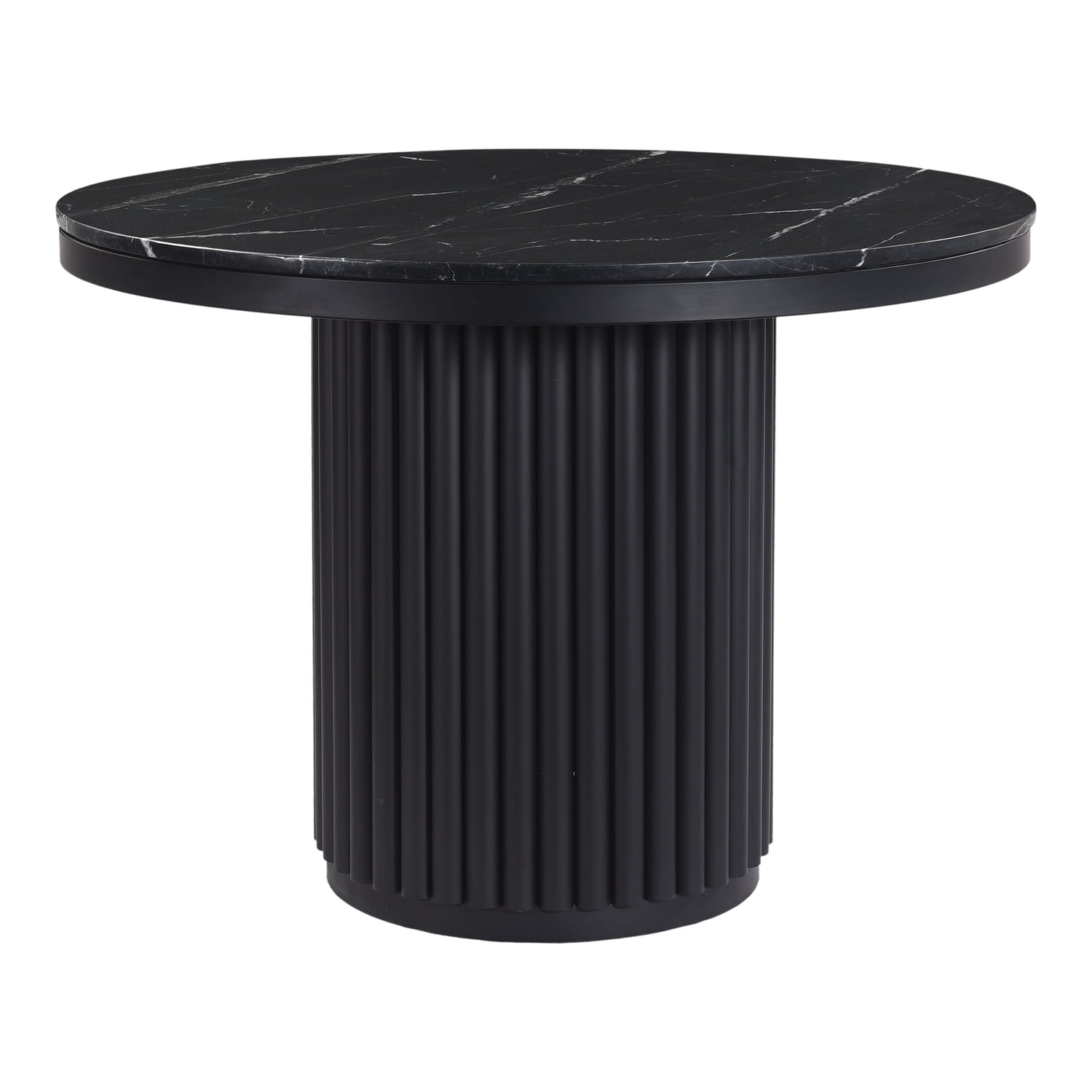 Black Marble Round Dining Table with Fluted Metal Base