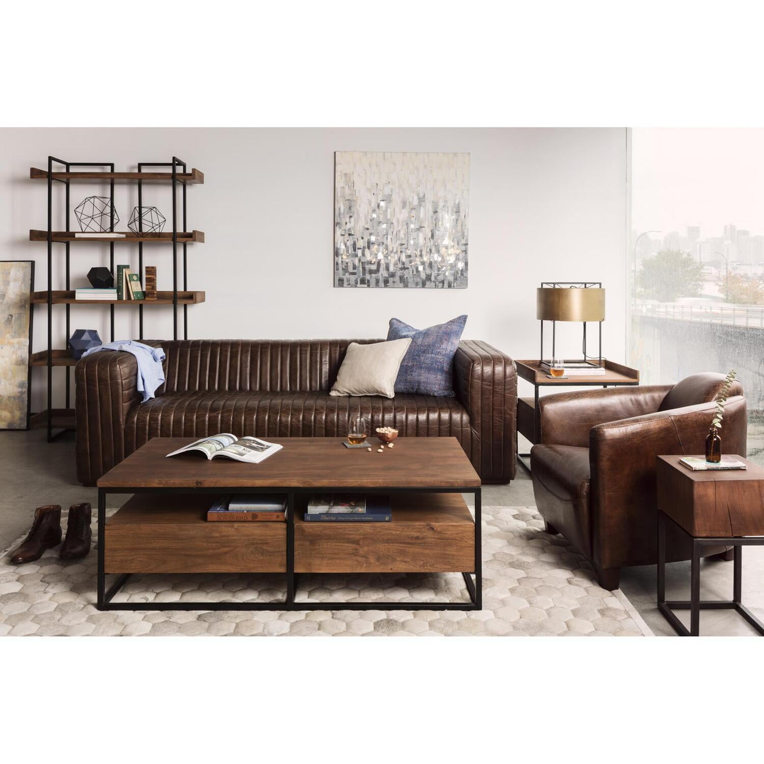 52'' Rectangular Industrial Brown Wood & Metal Coffee Table with Storage