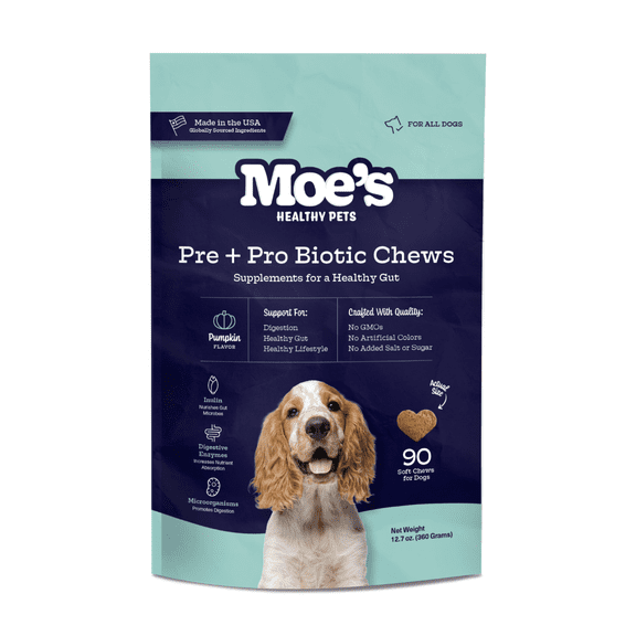 Moe's Pre + Pro Biotic Chews for Dogs - Pumpkin & Probiotics for Healthy Digestion, Gut Flora, Firm Stools & Reduced Discomfort - Ginger Root for Digestive Support - Boosts Energy & Overal