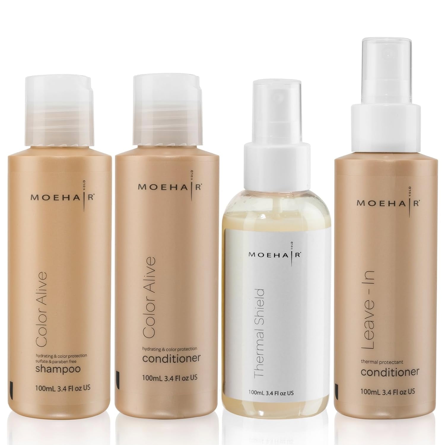 Moehair Hair Care Travel Kit | Pack of Color Alive Shampoo (3.4 fl oz), Conditioner (3.4 fl oz), Leave-In Conditioner (3.4 fl oz) and Thermal Shield (3.4 fl oz)