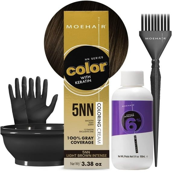 Moehair Hair Coloring Kit (5NN Permanent Hair Color) | Keratin-Infused Hair Color with 20 Volume Developer, Coloring Brush, Bowl, and Gloves