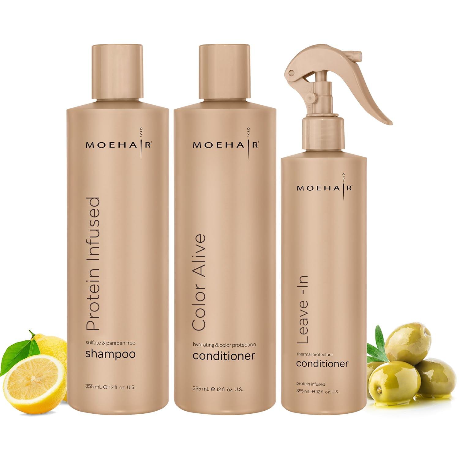 Moehair Protein shampoo (12 Fl), Color alive conditioner (12 Fl) and leave-in conditioner (12 Fl)