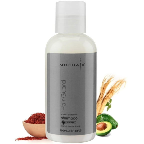 Moehair Travel Hair Guard Shampoo | Stimulates Hair Follicles | Hair Thickening and Volumizing Shampoo | Infused with Argan Oil, Ginseng & Vitamins | Paraben & Sulfate Free, 3.4 Fl Oz