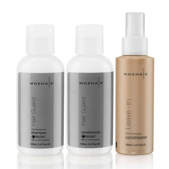 Moehair Trio Pack of Hair guard shampoo (3.4 FL), Hair Guard conditioner (3.4 FL) and leave-in conditioner (3.4FL) | Travel Size Moisturizing and Hydrating Hair Care Set