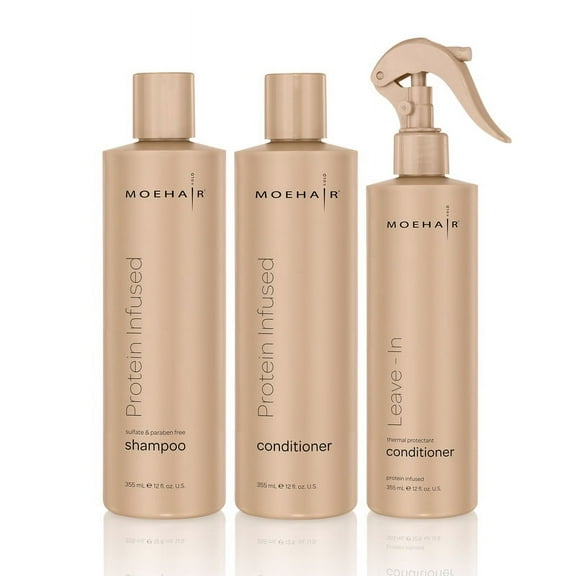 Moehair Trio Pack Protein Infused Shampoo (12 Fl Oz), Protein Infused Conditioner (12 Fl Oz) and Leave-In Conditioner (12 Fl Oz) | Color Safe | Sulfate & Paraben Free | Dry & Curly Hair Hair care