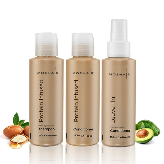 Moehair Trio pack of Protein Infused Shampoo (3.4 Fl Oz), Conditioner (3.4 Fl Oz) and Leave-in Conditioner (3.4 Fl Oz)Hair Strengthening Moisturizing and Hydrating Travel Size Hair Care Set
