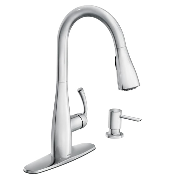 Moen Essie Chrome Single Handle Pull-Down Sprayer Kitchen Faucet with Soap Dispenser, Reflex and Power Clean Technology
