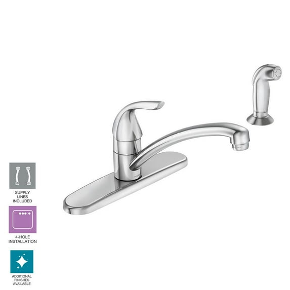 MOEN 87202 Adler Single-Handle Low Arc Kitchen Faucet in Chrome with Side Sprayer and Tool Free Install