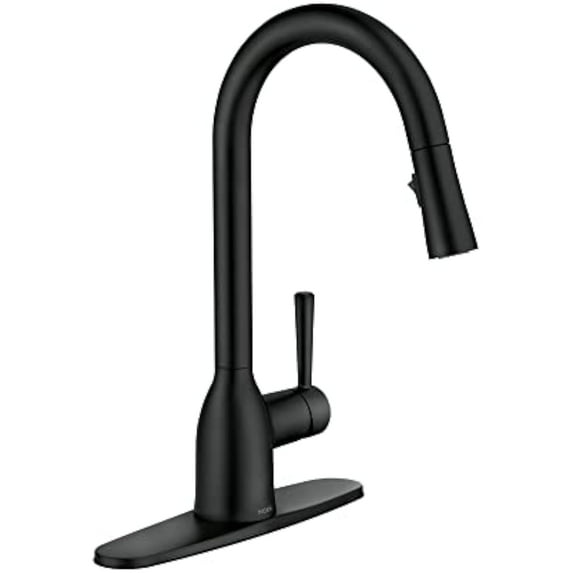 Moen Adler Matte Black One-Handle High Arc Kitchen Sink Faucet with Power Clean Modern Kitchen Faucet with Pull Down Sprayer 87233BL