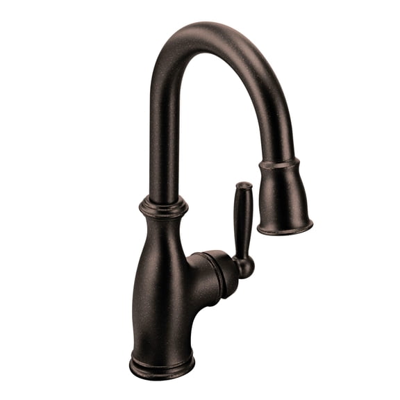 Moen Brantford Oil Rubbed Bronze Traditional One-Handle High-Arc Pulldown Bar Faucet with Reflex Docking System and Power Clean
