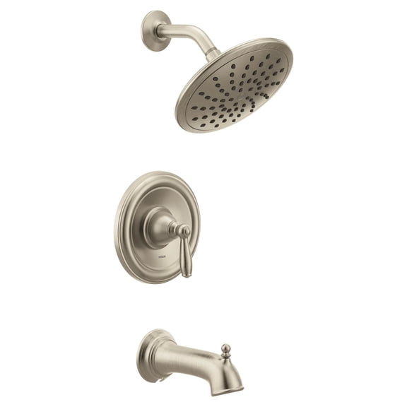 Moen Brantford Brushed Nickel Posi-Temp Tub and Shower Trim Kit, Including 8-Inch Wide Eco-Performance Rain Showerhead, Lever Handle, and Tub Spout, Valve Required