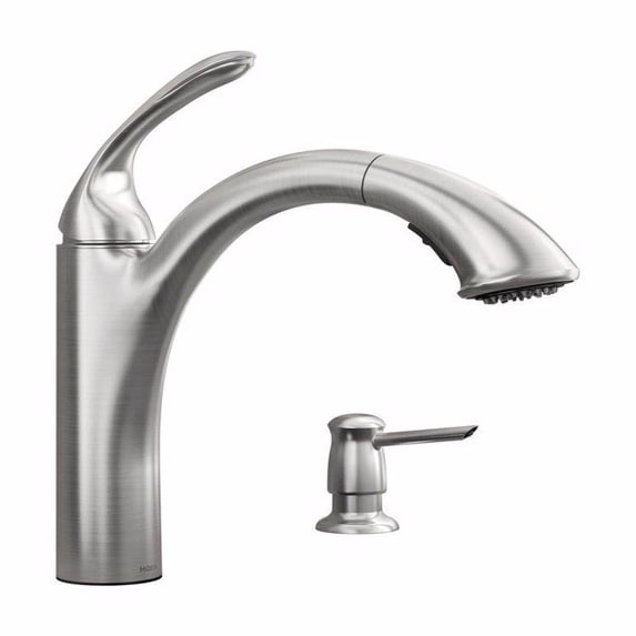 Moen Kinzel Spot Resist Stainless One-Handle Low Arc Pullout Kitchen Faucet with Soap Dispenser