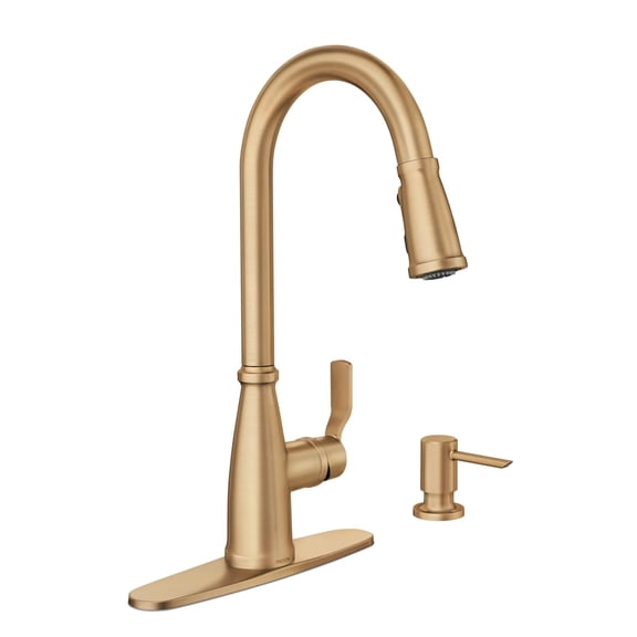 Moen Nolia Brushed Gold Kitchen Faucet with Soap Dispenser, Pull Down Sprayer with Power Boost, Transitional High Arc Kitchen Faucet, One-Handle Easy Installation