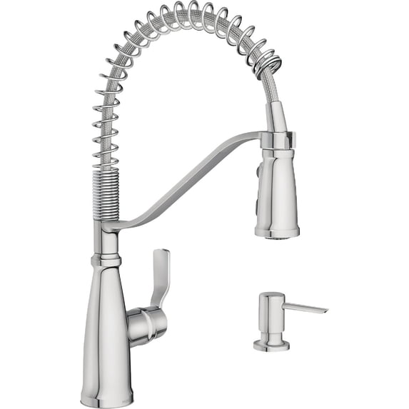 Moen Nolia Chrome One-Handle Pre-Rinse Spring Kitchen Faucet with Pull Down Sprayer, Single Hole Kitchen Sink Faucet with Soap Dispenser, 87886