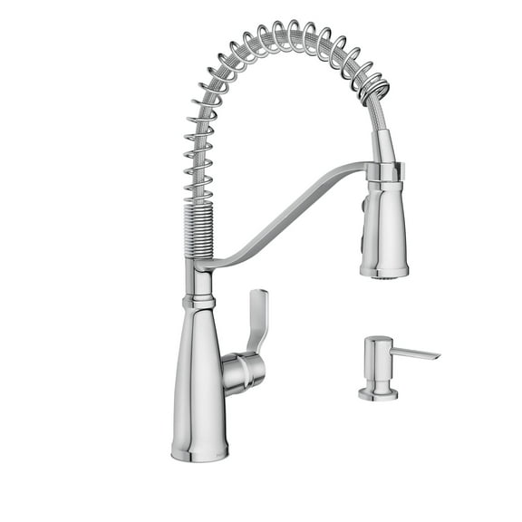 Moen Nolia Chrome One-Handle Pre-Rinse Spring Kitchen Faucet with Pull Down Sprayer, Single Hole Kitchen Sink Faucet with Soap Dispenser, 87886